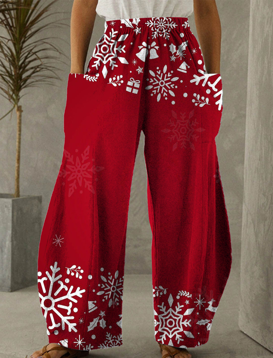 Christmas Red Snowflake Print Casual Pants-Pink Laura