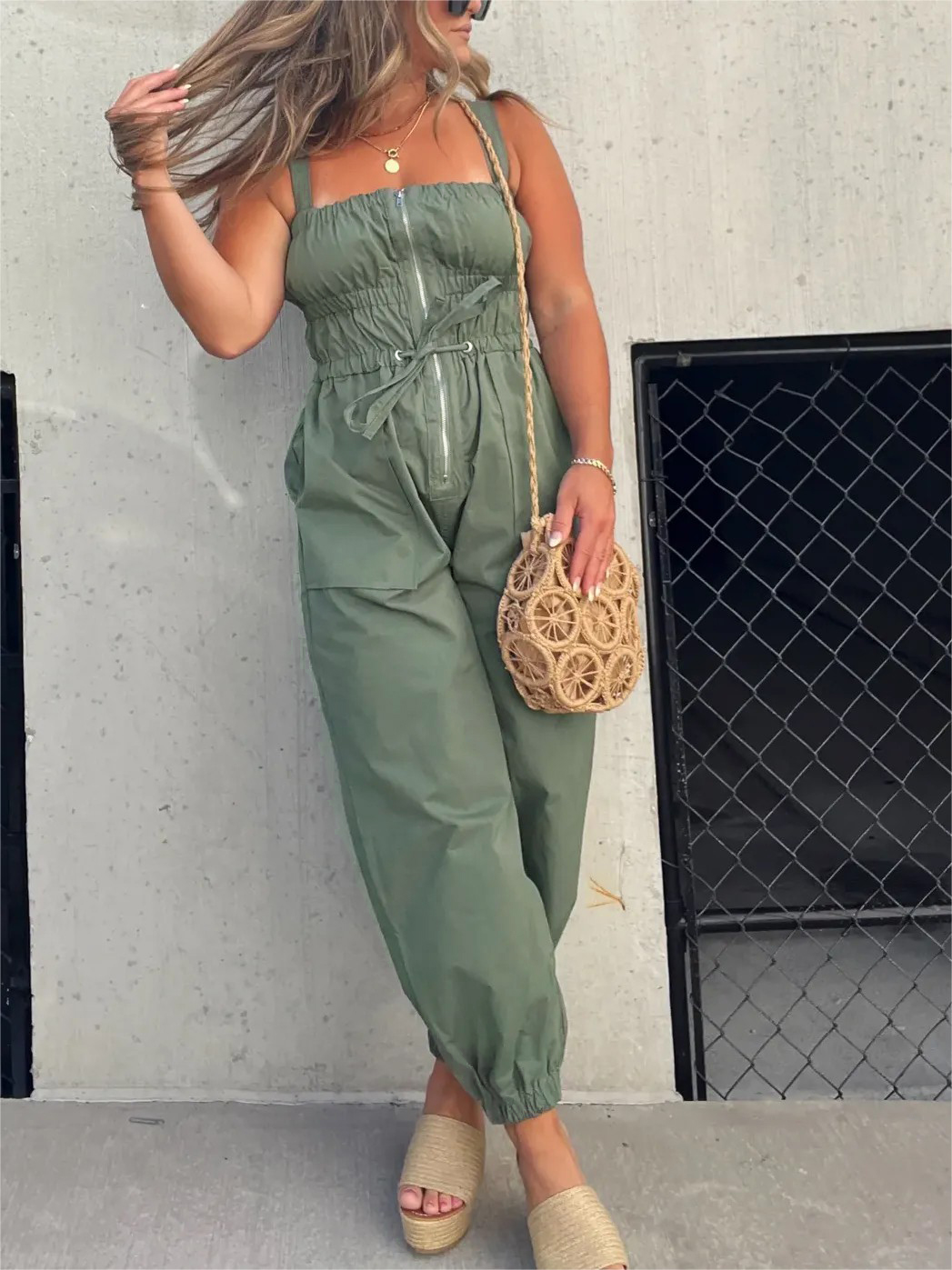Ruched Elastic Front Zipper Cargo Jumpsuit (Buy 2 Free Shipping)-Pink Laura