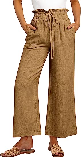  Women's High Waist Drawstring Wide Leg Linen Pants-Pink Laura