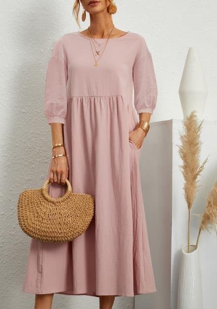 Women's Lantern Sleeve Cotton And Linen Dress-Pink Laura