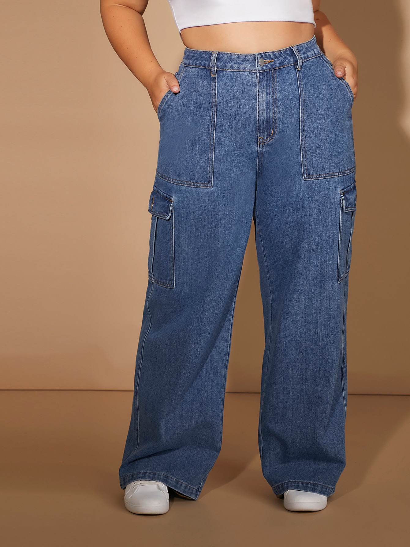 Plus Flap Pockets Cargo Jeans-Pink Laura