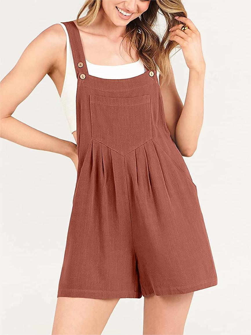 Button Adjustable Big Pocket Short Romper (Buy 2 Free Shipping)-Pink Laura