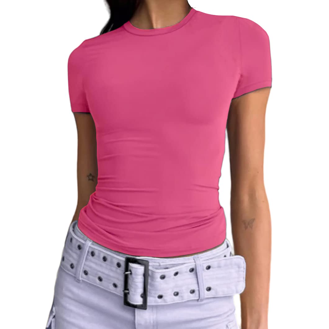 Slim Fit Short Sleeve Crew Neck Tight T Shirts-Pink Laura