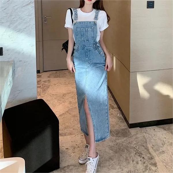 Retro Slim Slit Design Suspenders Skirt-Pink Laura