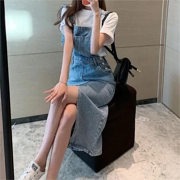 Retro Slim Slit Design Suspenders Skirt-Pink Laura