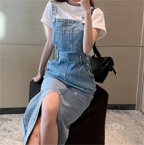 Retro Slim Slit Design Suspenders Skirt-Pink Laura