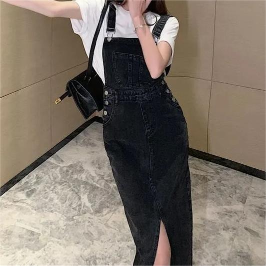 Retro Slim Slit Design Suspenders Skirt-Pink Laura