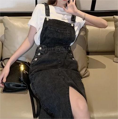 Retro Slim Slit Design Suspenders Skirt-Pink Laura