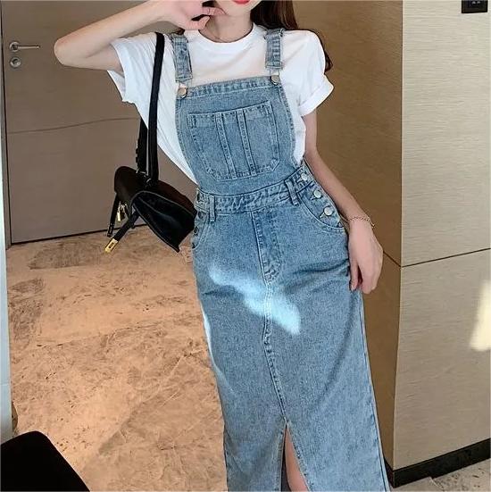 Retro Slim Slit Design Suspenders Skirt-Pink Laura