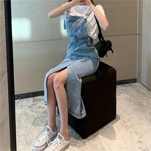 Retro Slim Slit Design Suspenders Skirt-Pink Laura