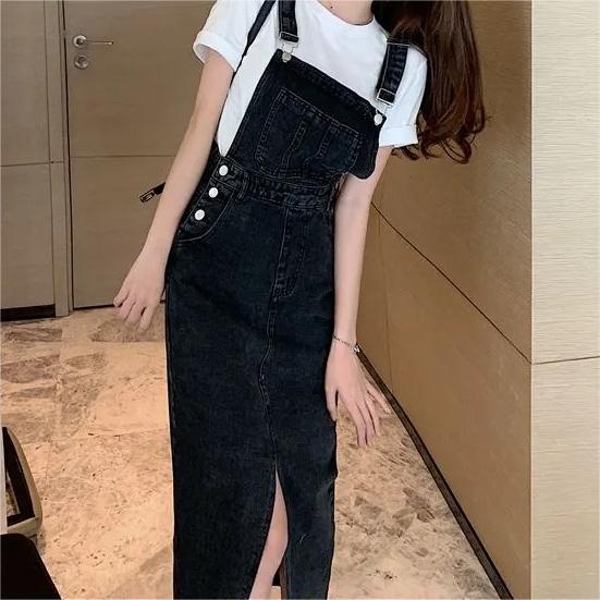 Retro Slim Slit Design Suspenders Skirt-Pink Laura