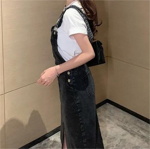 Retro Slim Slit Design Suspenders Skirt-Pink Laura