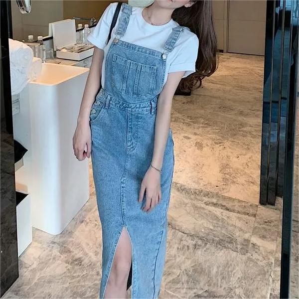 Retro Slim Slit Design Suspenders Skirt-Pink Laura