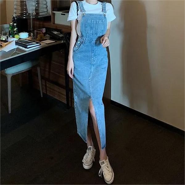 Retro Slim Slit Design Suspenders Skirt-Pink Laura