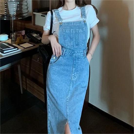 Retro Slim Slit Design Suspenders Skirt-Pink Laura