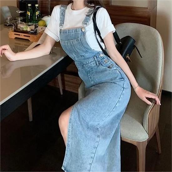 Retro Slim Slit Design Suspenders Skirt-Pink Laura