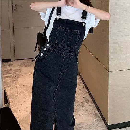 Retro Slim Slit Design Suspenders Skirt-Pink Laura