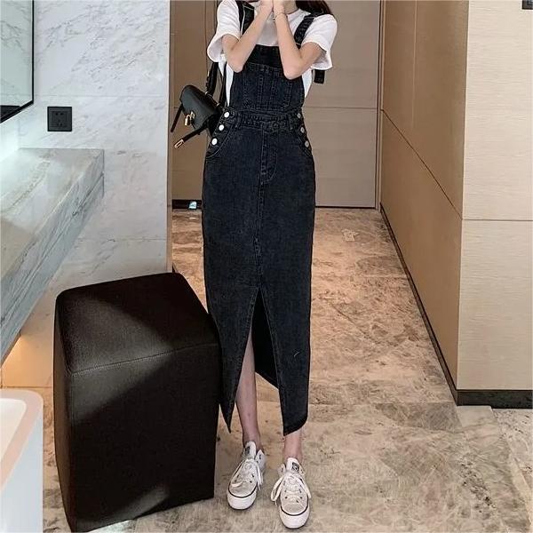 Retro Slim Slit Design Suspenders Skirt-Pink Laura