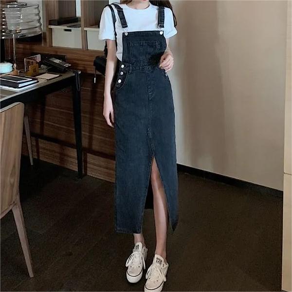 Retro Slim Slit Design Suspenders Skirt-Pink Laura