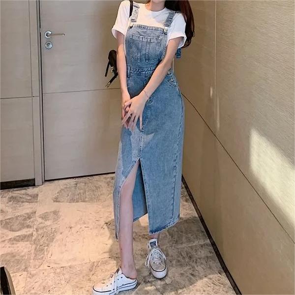 Retro Slim Slit Design Suspenders Skirt-Pink Laura