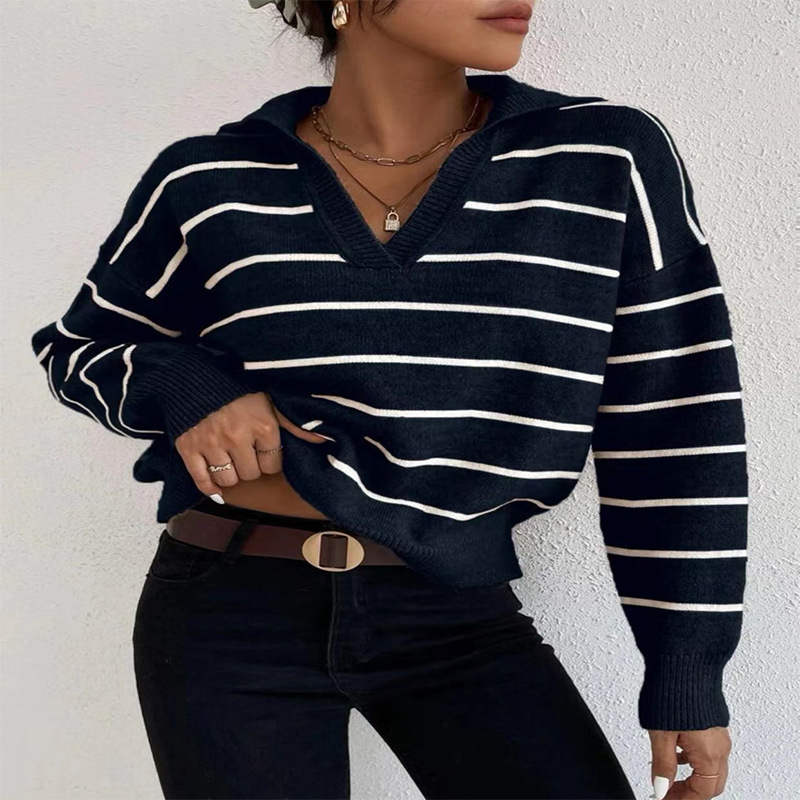 Spring Knitted Tops Versatile Polo Neck Striped Shirt-Pink Laura