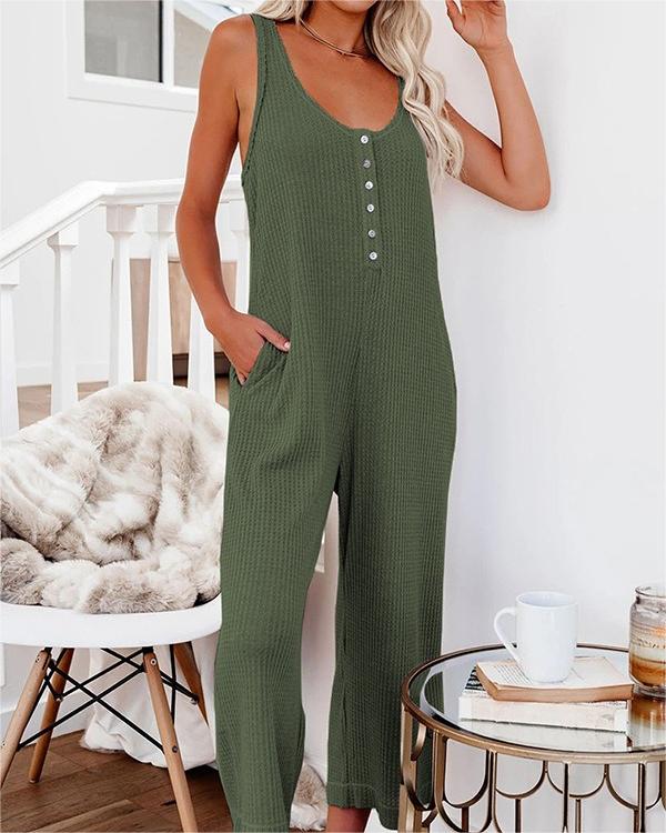 Summer Casual Solid Color Button Jumpsuit