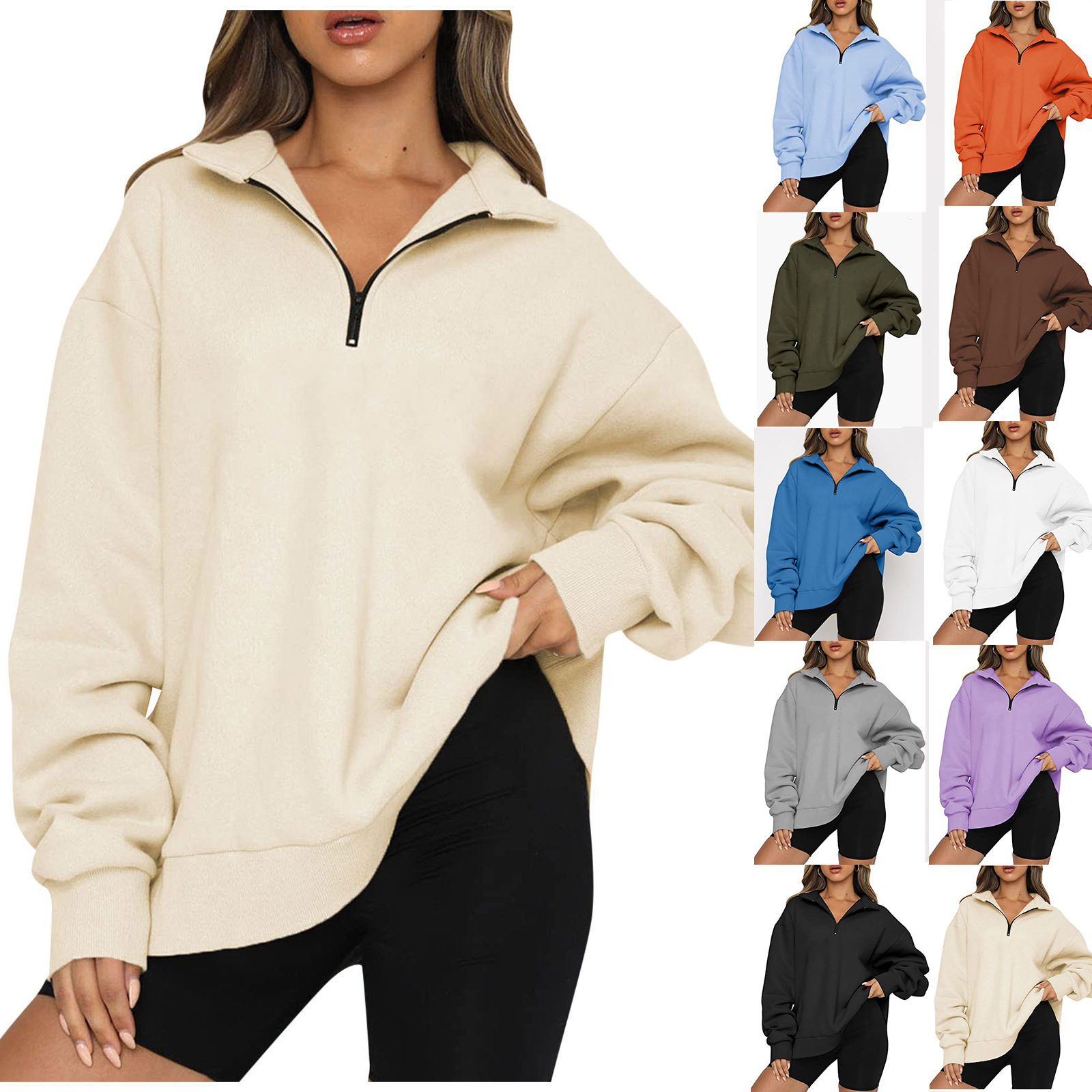 Womens Oversized Half Zip Pullover Long Sleeve Sweatshirt-Pink Laura