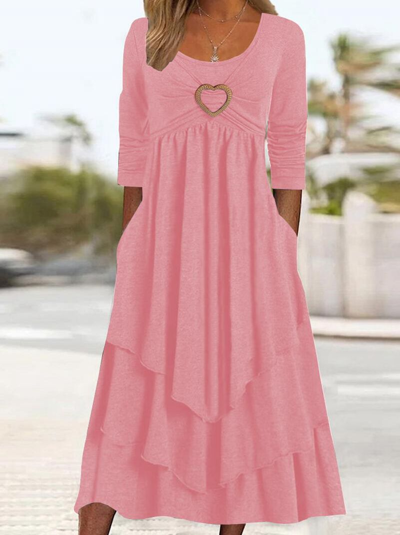 Plain Regular Fit Crew Neck Long Sleeve Casual Midi Dress-Pink Laura