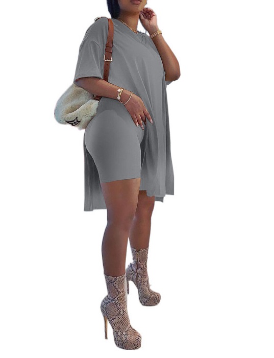 Women Plus Size Short Sleeve Tops and Skinny Biker Shorts Sets -Pink Laura