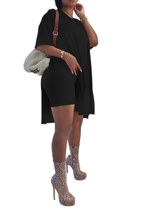 Women Plus Size Short Sleeve Tops and Skinny Biker Shorts Sets -Pink Laura