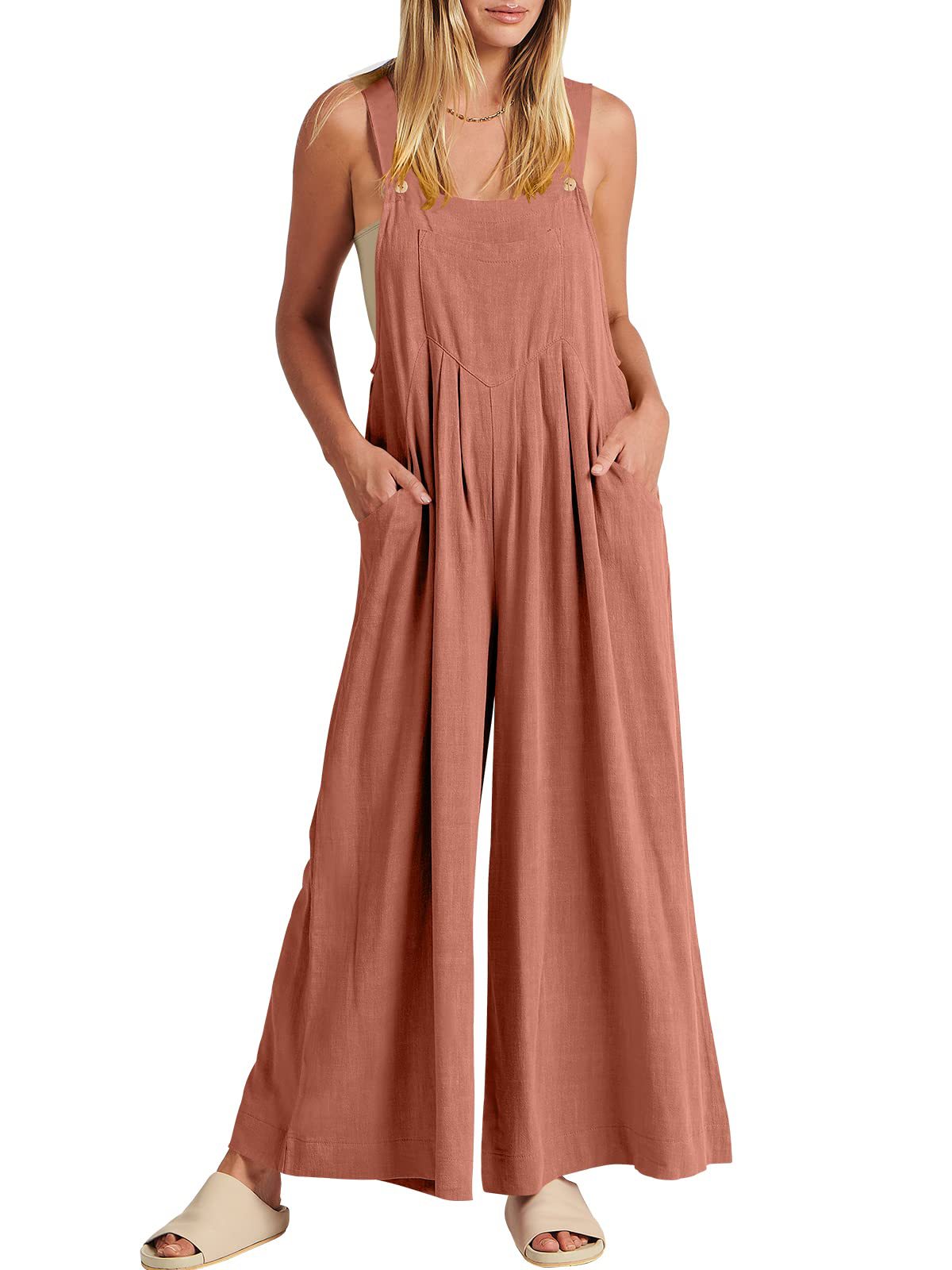 Sleeveless Wide Leg Jumpsuit with Pockets (Buy 2 Free Shipping)-Pink Laura