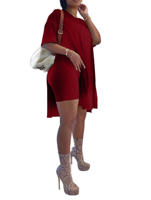 Women Plus Size Short Sleeve Tops and Skinny Biker Shorts Sets -Pink Laura