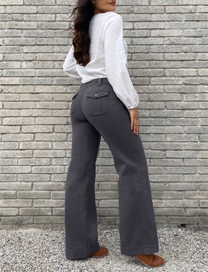 Solid Button Detail Flap Pocket Straight Leg Pants Without Belt-Pink Laura