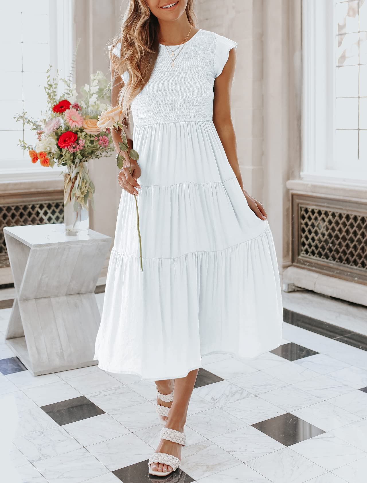 Women's Summer Casual Flutter Short Midi Dress -Pink Laura