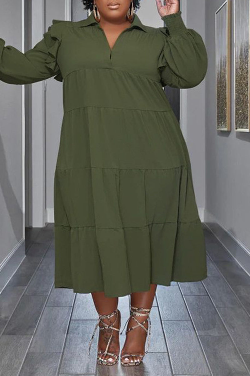 Flounced Sleeve Plus Size Turndown Collar Dress