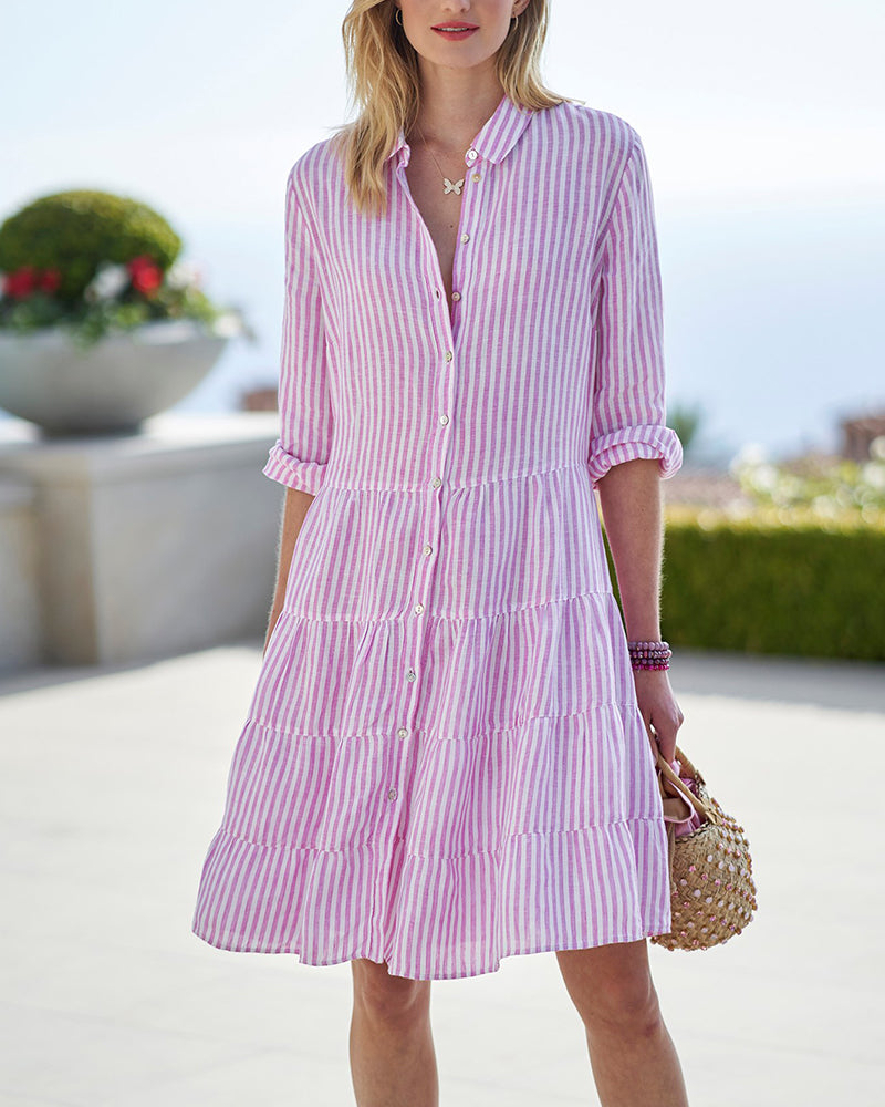 Corinne Stripe Linen Dress-Pink Laura