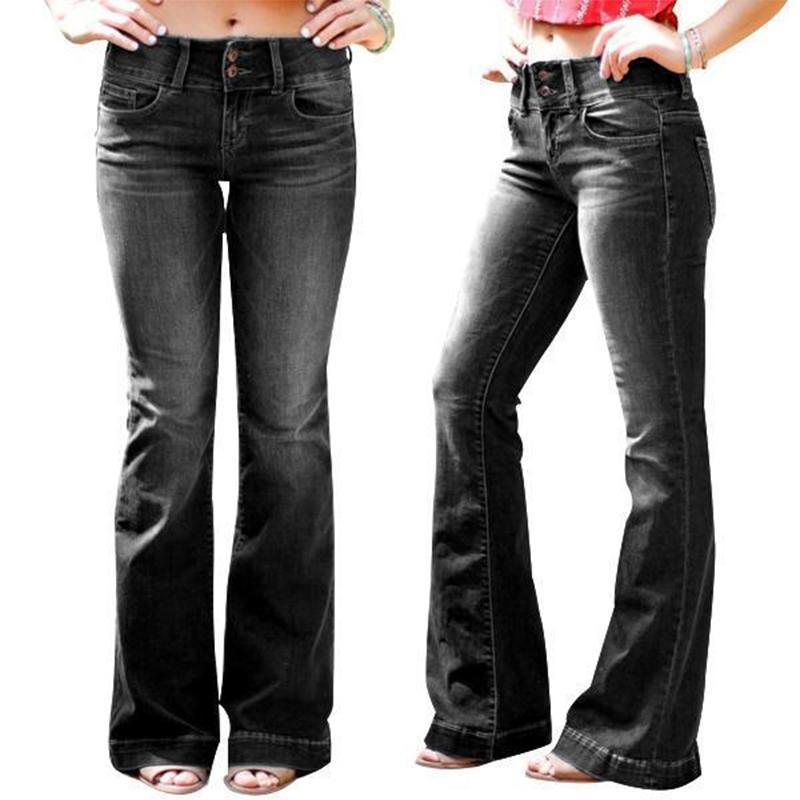 Mid Waist Casual Button Bell-bottom Jeans-Pink Laura