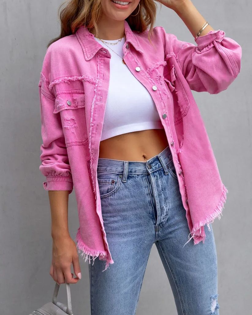 Casual Denim Basic Jacket Long & Short Sleeves-Pink Laura