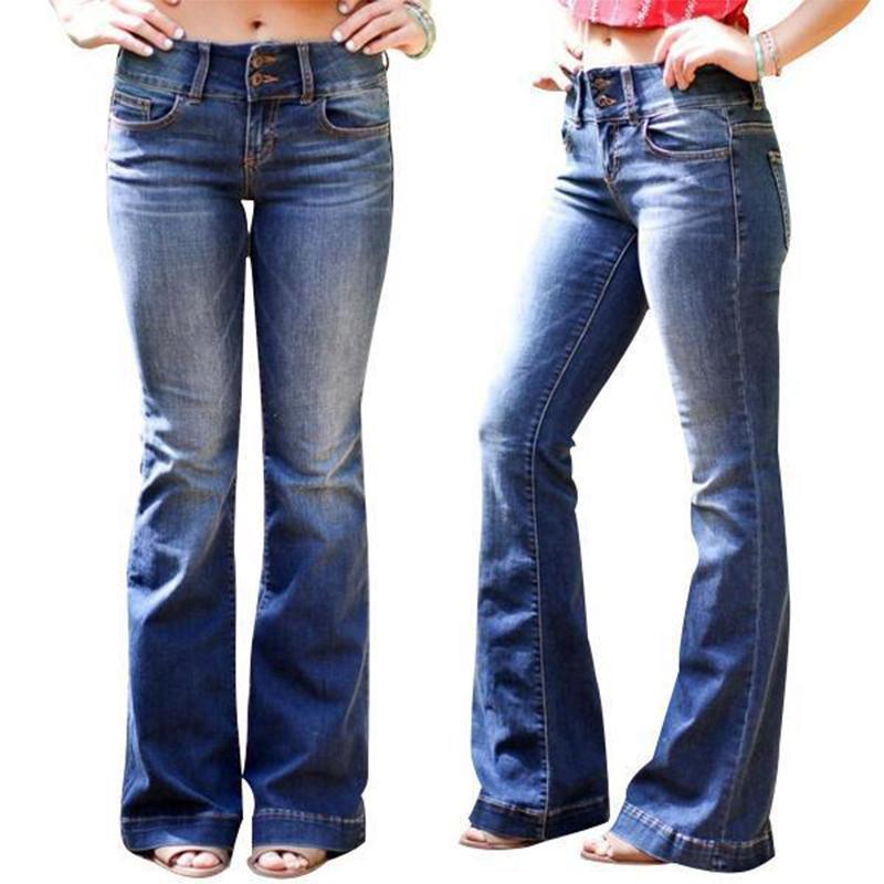 Mid Waist Casual Button Bell-bottom Jeans-Pink Laura