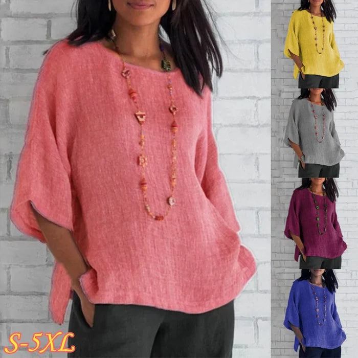 2023 Fashion Solid Color Cotton Linen Top-Pink Laura