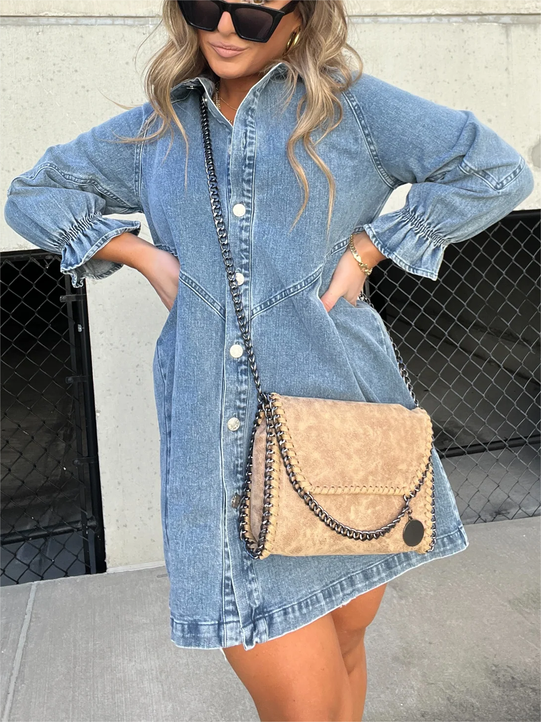 Washed Denim Puff Sleeve Dress (Buy 2 Free Shipping)-Pink Laura