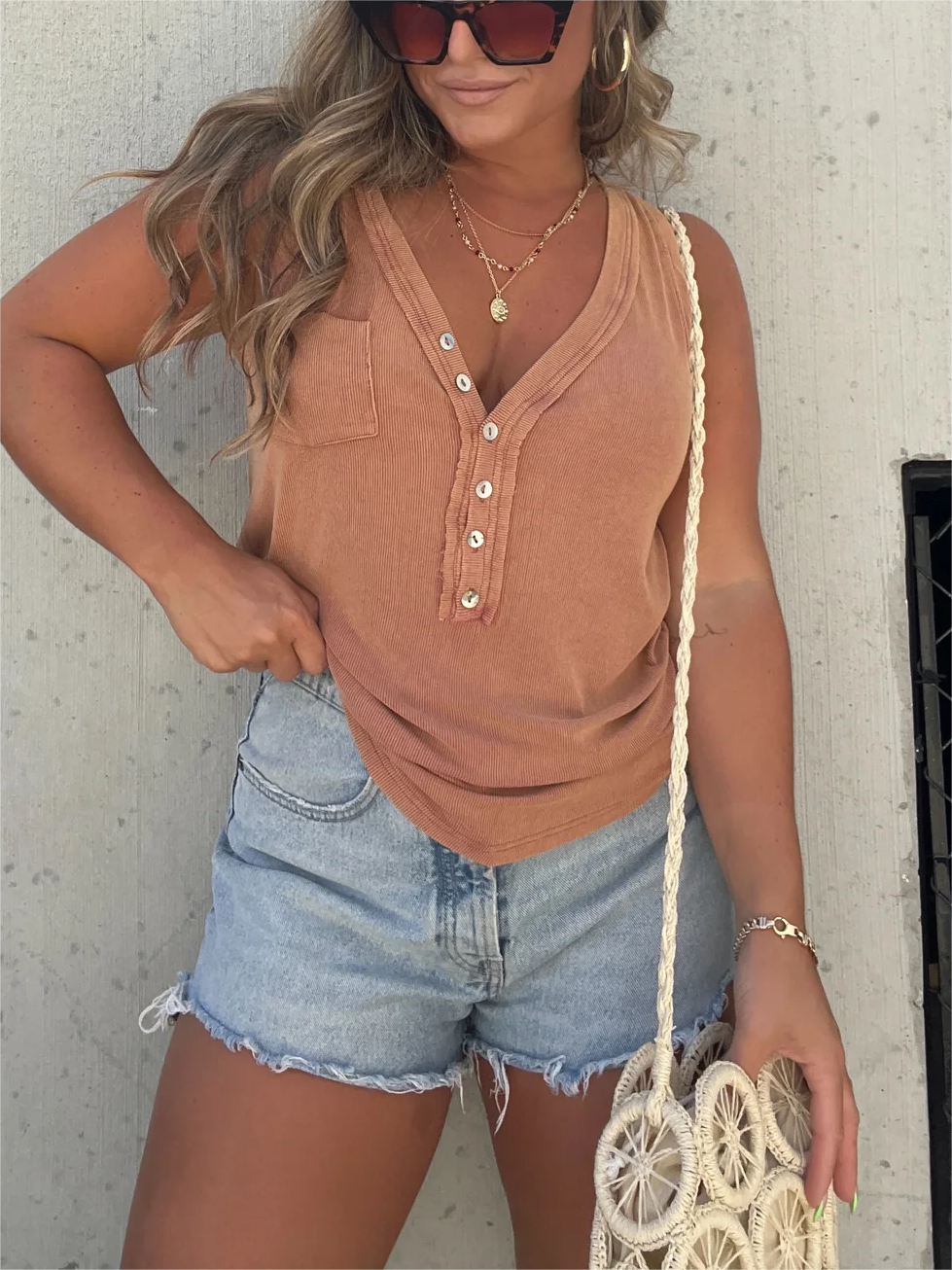 Women's Washed Button Tank (Buy 2 Free Shipping)-Pink Laura