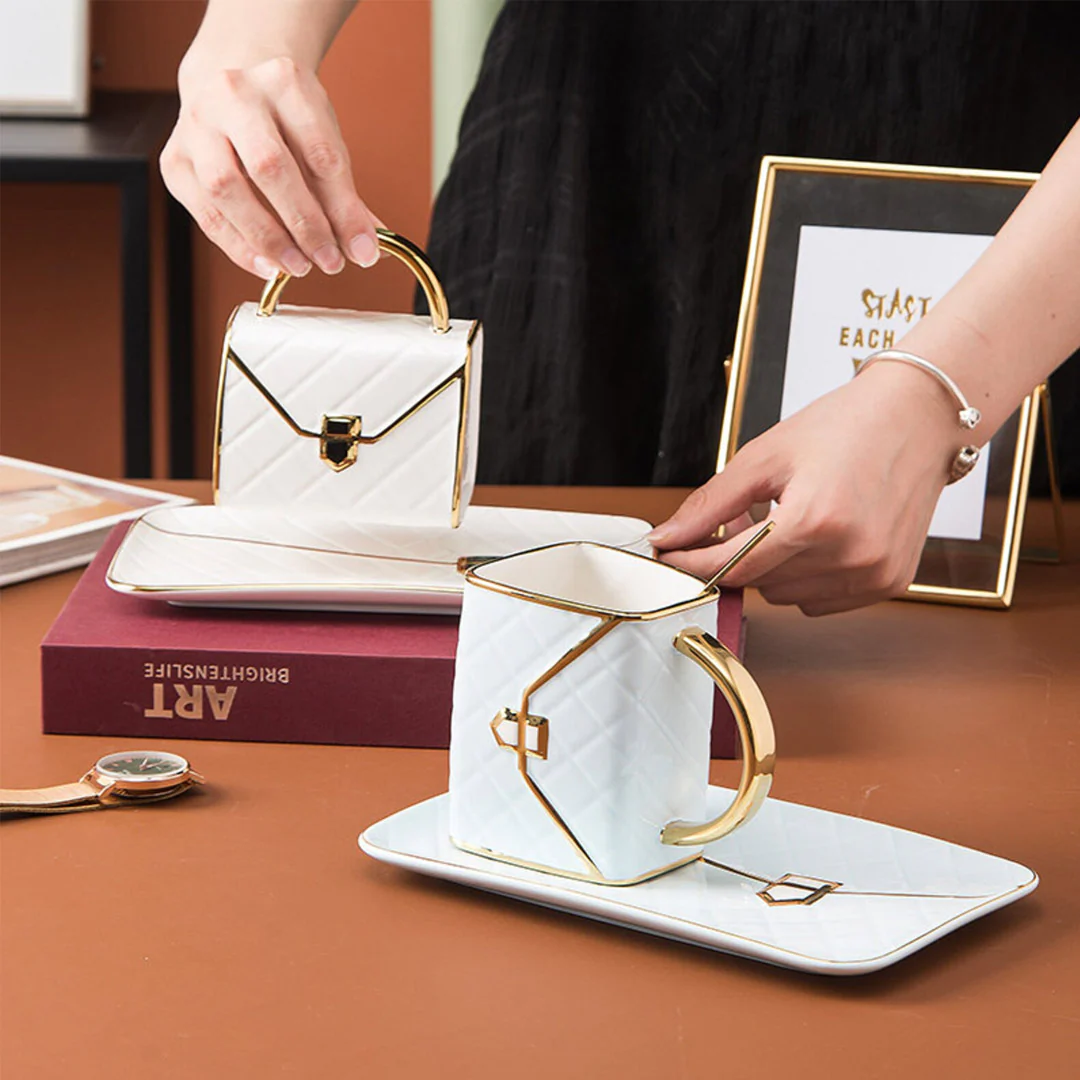 Handbag-Shaped Creative Mug With Saucer & Spoon-Grand Kitchen