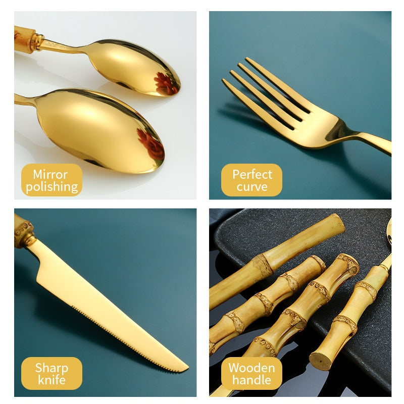 4pcs Gold Bamboo Handle And Steel Tableware Cutlery For Luxury Dinnerware Set-Grand Kitchen
