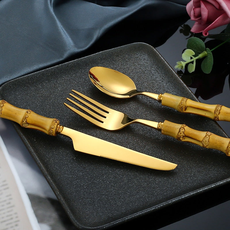 4pcs Gold Bamboo Handle And Steel Tableware Cutlery For Luxury Dinnerware Set-Grand Kitchen