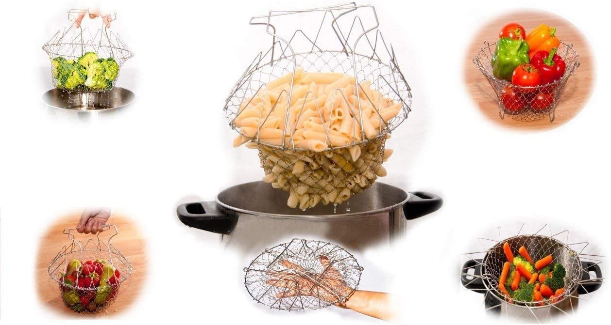304 Stainless Steel Foldable Steam Rinse Strain Fry Basket Strainer -Grand Kitchen