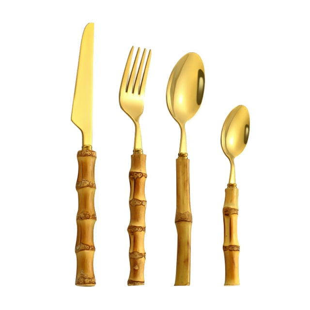 4pcs Gold Bamboo Handle And Steel Tableware Cutlery For Luxury Dinnerware Set-Grand Kitchen