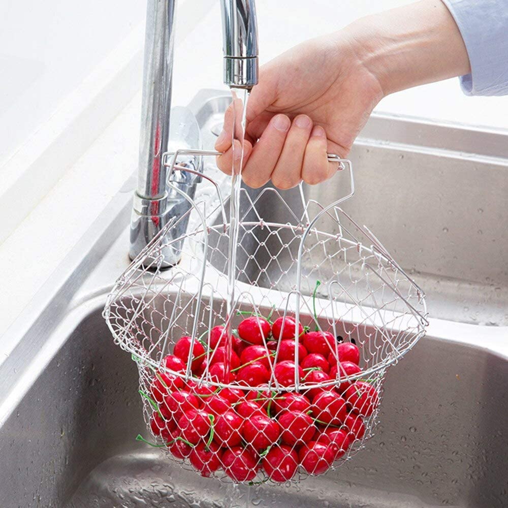 304 Stainless Steel Foldable Steam Rinse Strain Fry Basket Strainer -Grand Kitchen