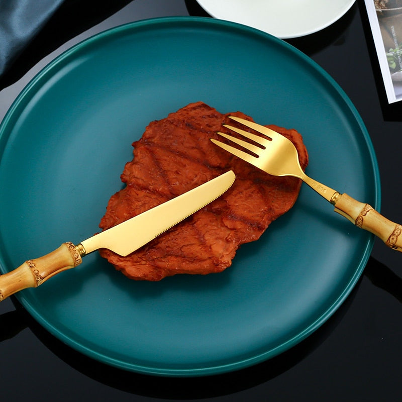 4pcs Gold Bamboo Handle And Steel Tableware Cutlery For Luxury Dinnerware Set-Grand Kitchen