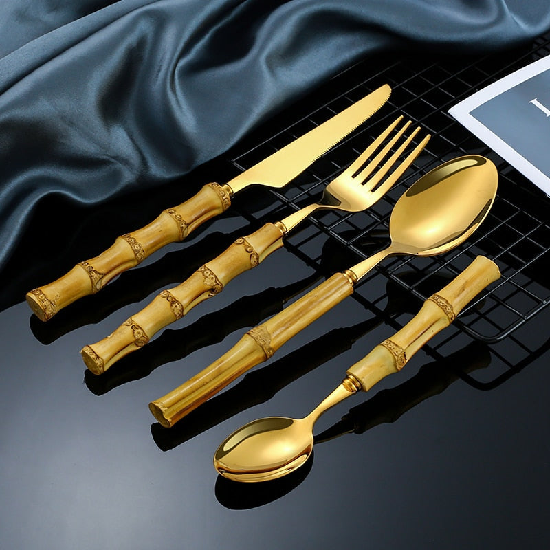 4pcs Gold Bamboo Handle And Steel Tableware Cutlery For Luxury Dinnerware Set-Grand Kitchen